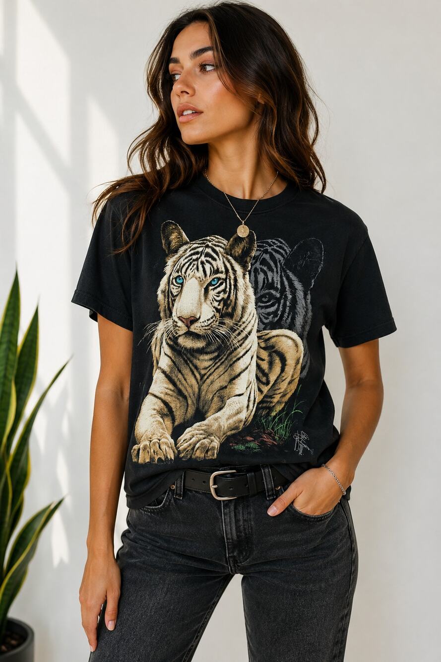 Vintage 90s Silkmasters Cliff Bonamie White Tiger Graphic T Shirt Small Black